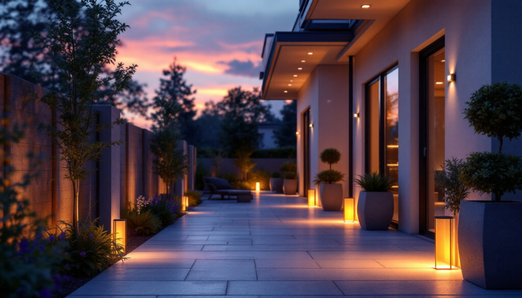 A photograph of a beautifully illuminated outdoor space featuring led exterior lights
