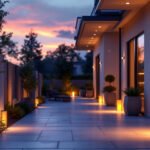 A photograph of a beautifully illuminated outdoor space featuring led exterior lights