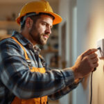 A photograph of a lighting contractor demonstrating the installation of a 3-way switch in a well-lit room