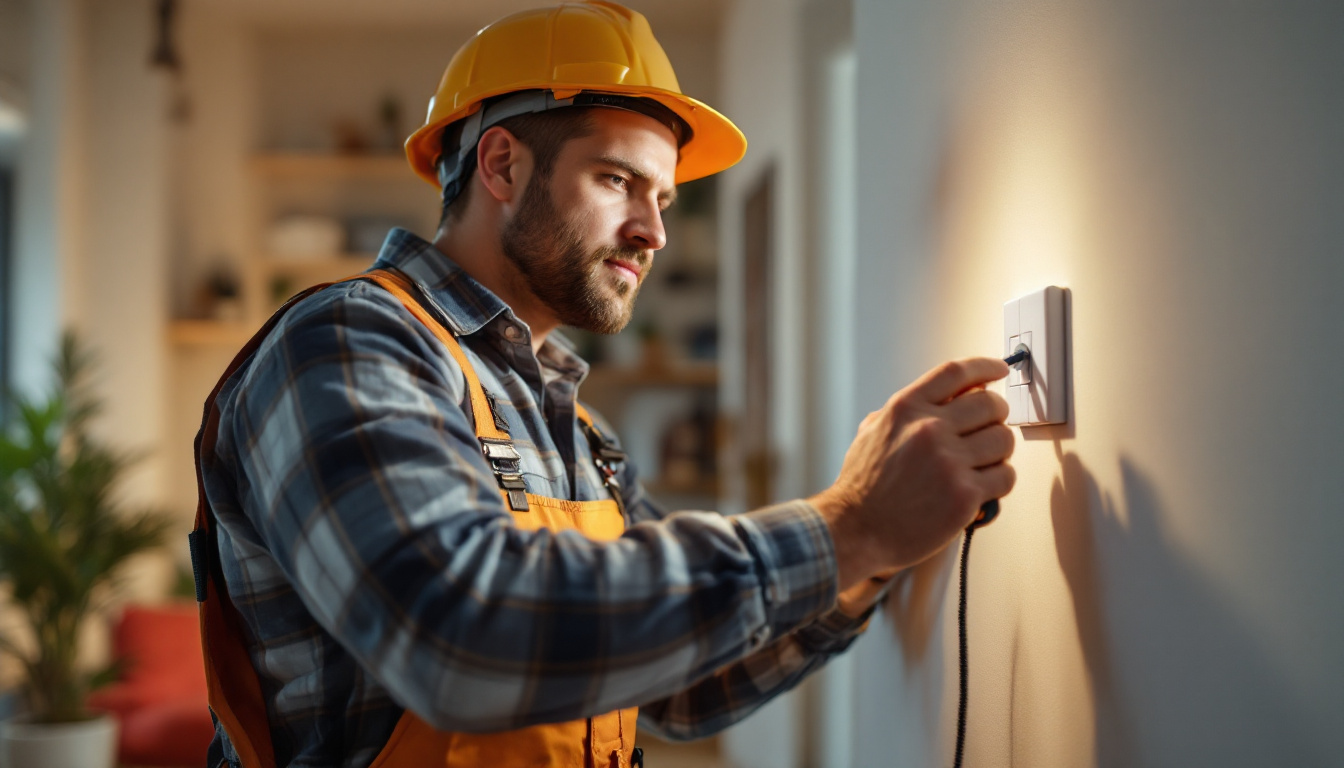 A photograph of a lighting contractor demonstrating the installation of a 3-way switch in a well-lit room