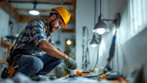 A photograph of a lighting contractor working on a residential or commercial project