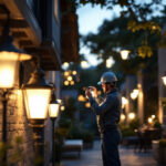 A photograph of capture a photograph of a well-lit exterior space showcasing various styles of outdoor lamps