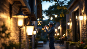A photograph of capture a photograph of a well-lit exterior space showcasing various styles of outdoor lamps