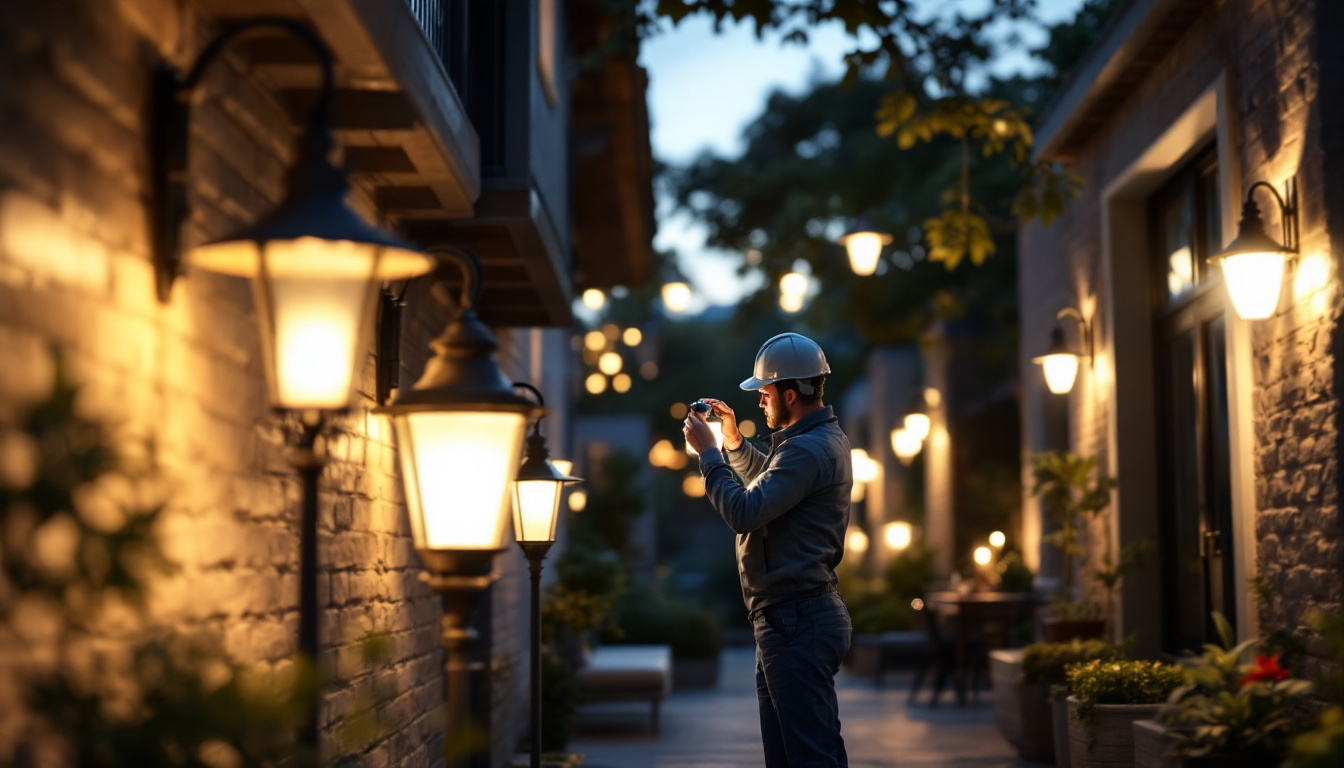A photograph of capture a photograph of a well-lit exterior space showcasing various styles of outdoor lamps