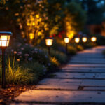 A photograph of a beautifully illuminated outdoor space featuring solar path lights