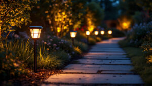 A photograph of a beautifully illuminated outdoor space featuring solar path lights