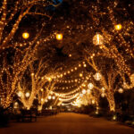 A photograph of a beautifully illuminated outdoor space featuring an array of light strands draped elegantly across trees or outdoor structures