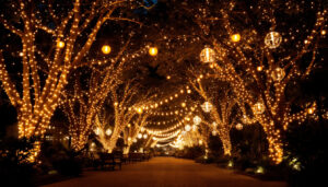 A photograph of a beautifully illuminated outdoor space featuring an array of light strands draped elegantly across trees or outdoor structures