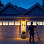 A photograph of a well-lit garage exterior at dusk
