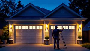 A photograph of a well-lit garage exterior at dusk
