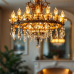 A photograph of a beautifully lit chandelier in an elegant setting