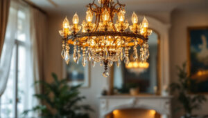 A photograph of a beautifully lit chandelier in an elegant setting
