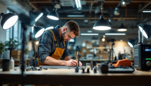 A photograph of a lighting contractor measuring foot candles in a well-lit workspace