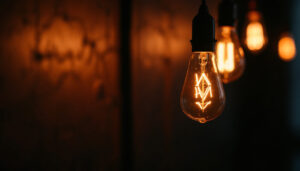 A photograph of a close-up of a flickering bulb lamp in a dimly lit environment