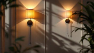 A photograph of a beautifully designed interior space featuring stylish sconces that illuminate the room