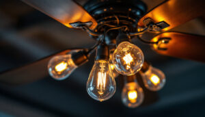 A photograph of a close-up shot of a ceiling fan light fixture