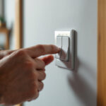 A photograph of a lighting contractor expertly installing or adjusting a three-way light switch in a home setting