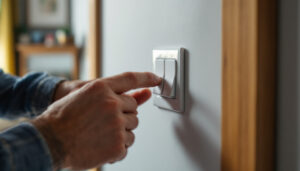 A photograph of a lighting contractor expertly installing or adjusting a three-way light switch in a home setting