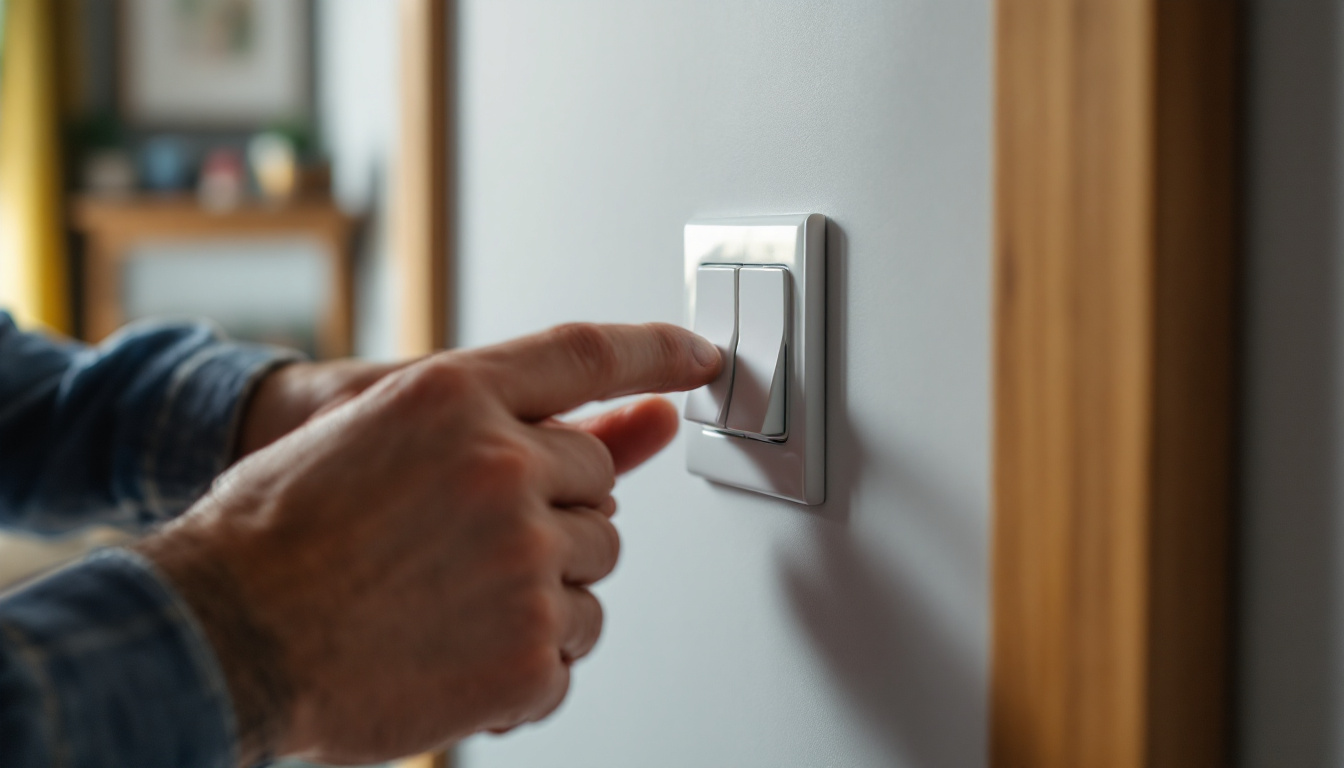 A photograph of a lighting contractor expertly installing or adjusting a three-way light switch in a home setting