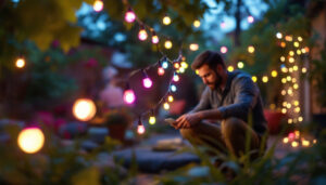 A photograph of a beautifully arranged display of led string lights in a cozy outdoor setting