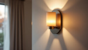 A photograph of a beautifully designed wall sconce in a stylish interior setting