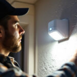 A photograph of a lighting contractor installing or adjusting a motion sensor light in a residential or commercial setting