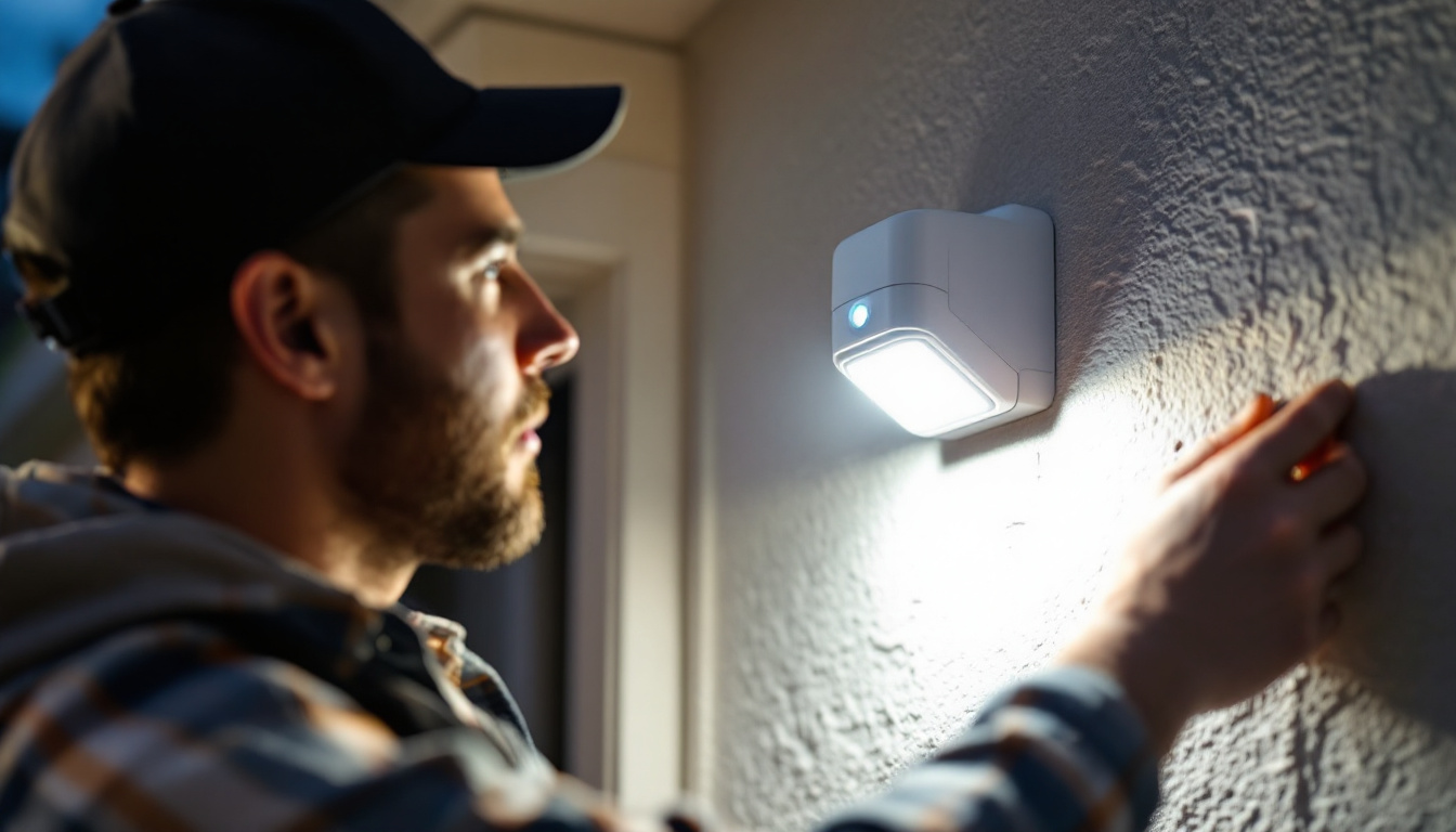A photograph of a lighting contractor installing or adjusting a motion sensor light in a residential or commercial setting