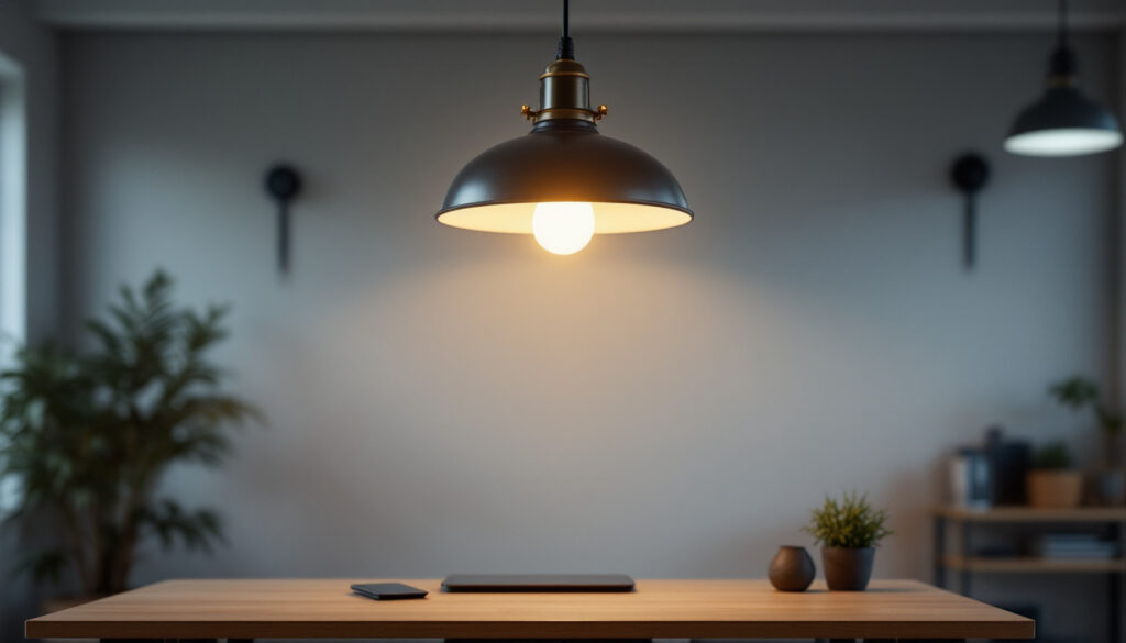 A photograph of a stylish industrial hanging light fixture in a modern workspace