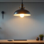 A photograph of a stylish industrial hanging light fixture in a modern workspace