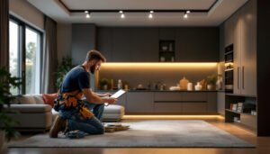 A photograph of a skilled lighting contractor installing led recessed lights in a modern home setting