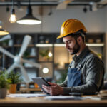 A photograph of a lighting contractor actively engaged in a modern workspace