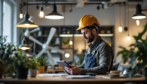 A photograph of a lighting contractor actively engaged in a modern workspace