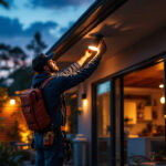 A photograph of a skilled lighting contractor installing stylish external ceiling lights on a modern patio
