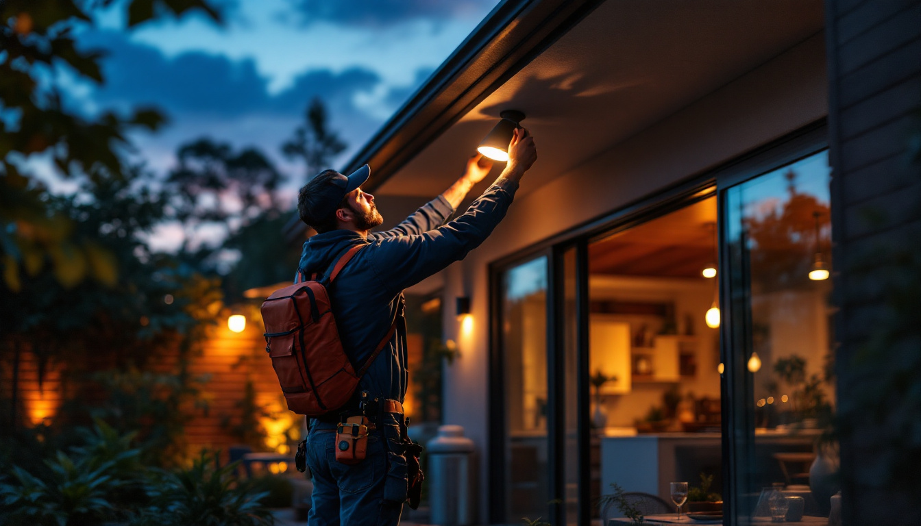 A photograph of a skilled lighting contractor installing stylish external ceiling lights on a modern patio