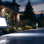 A photograph of a well-lit outdoor space featuring solar-powered flood lights in action at dusk