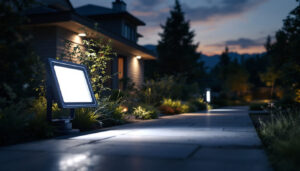 A photograph of a well-lit outdoor space featuring solar-powered flood lights in action at dusk