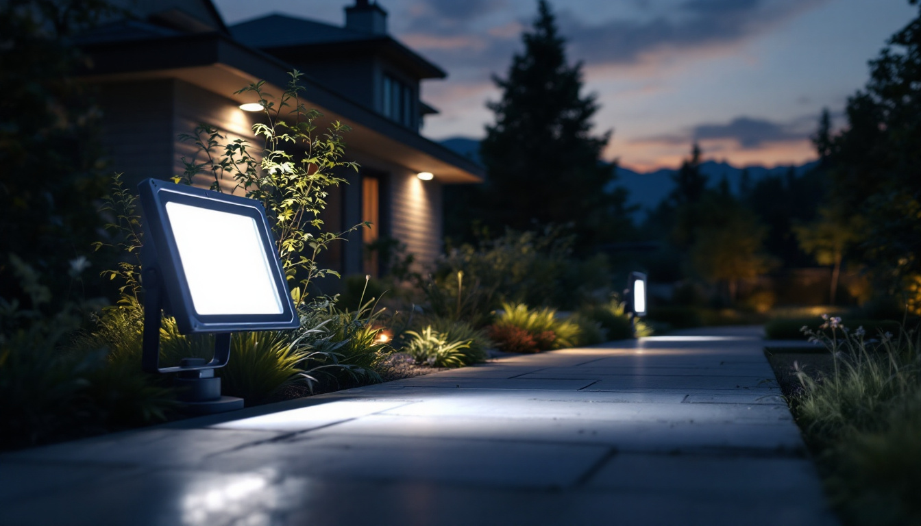 A photograph of a well-lit outdoor space featuring solar-powered flood lights in action at dusk