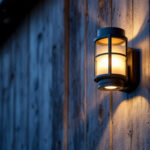 A photograph of a stylish cottage modern black solar wall sconce mounted on a rustic barn wall
