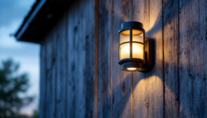 A photograph of a stylish cottage modern black solar wall sconce mounted on a rustic barn wall