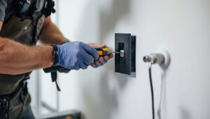 A photograph of a lighting contractor inspecting an outlet box cover installation