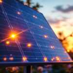 A photograph of a solar-powered led lighting setup in a vibrant outdoor setting during golden hour