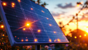A photograph of a solar-powered led lighting setup in a vibrant outdoor setting during golden hour