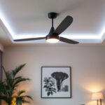 A photograph of a modern ceiling fan with integrated smart lighting controls