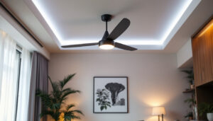 A photograph of a modern ceiling fan with integrated smart lighting controls