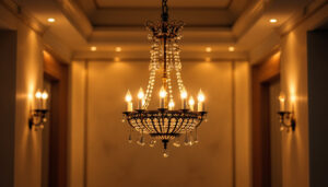A photograph of a beautifully designed chandelier lamp in an elegantly lit room