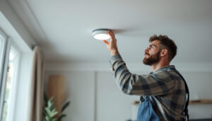 A photograph of a lighting contractor installing 4-inch can lights in a modern residential setting
