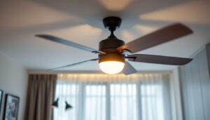 A photograph of a stylishly designed fan light fixture installed in a modern living space