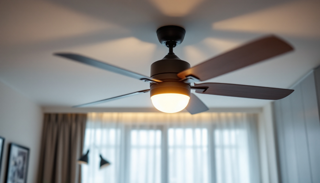 A photograph of a stylishly designed fan light fixture installed in a modern living space