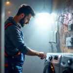 A photograph of a lighting contractor inspecting a well-lit laundry room with an outlet dryer