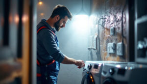 A photograph of a lighting contractor inspecting a well-lit laundry room with an outlet dryer
